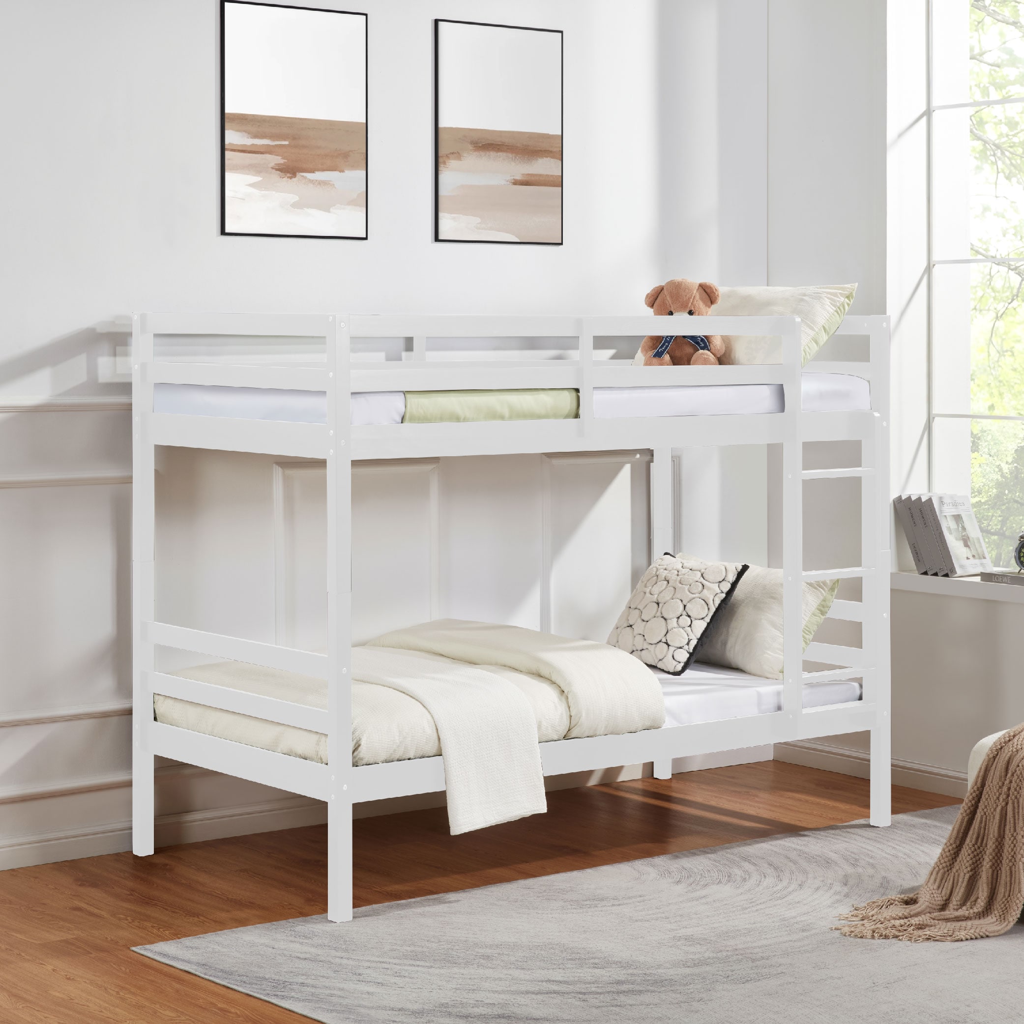 Twin Over Twin Bunk Bed With Ladder,Wooden Bunk Bed With High Guardrail And Ladder For Kids, Teens, Dorm Rooms, And Guest Rooms,No Box Spring Needed,White_voghion.com